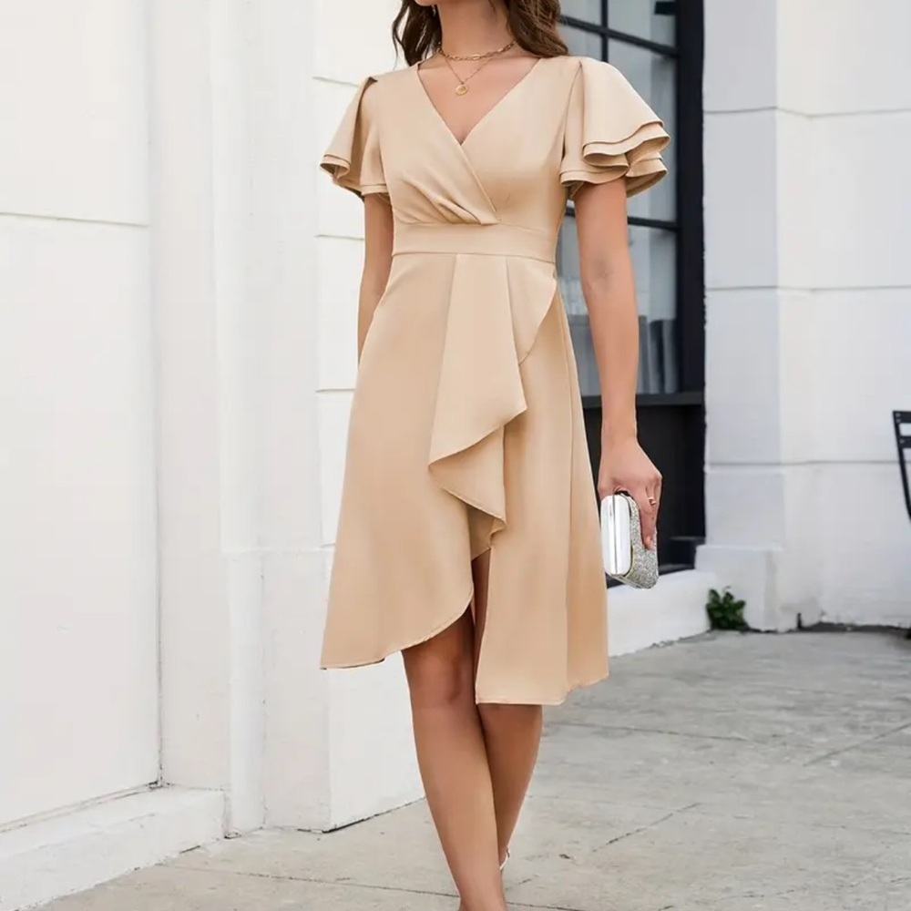NWOT Elegant Asymmetrical Beige Party Dress with Ruffle Sleeves Size XL